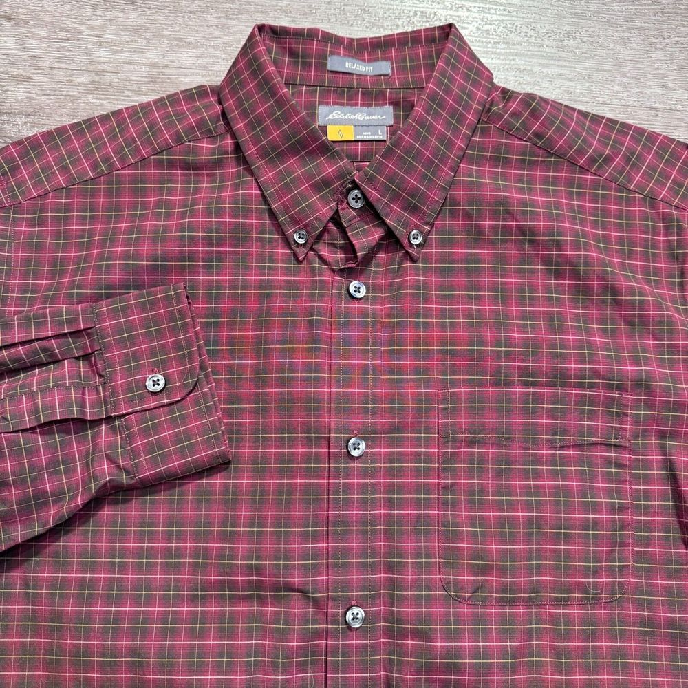 Eddie Bauer Shirt Men L Burgundy Hike Plaid Cotton Travex Relaxed Gorpcore camp